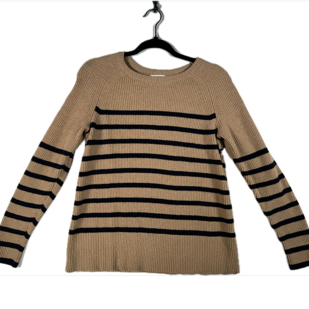 J. Jill Tan and Black Crew Neck Sweater with Ribbed Texture